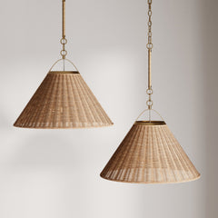 Modern Farmhouse Coastal Rattan Pendant Vintaged Brass (Set of 2)