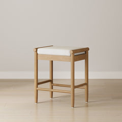 Backless Wooden Bar Stool with Boucle Upholstery Light Brown