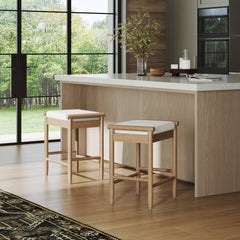 Backless Wooden Bar Stool with Boucle Upholstery Light Brown