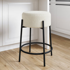 Round White Boucle Backless Bar Height Stool