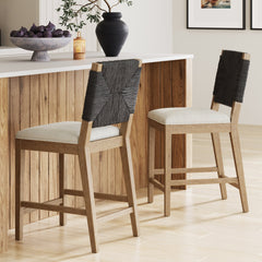 Boucle & Seagrass Counter Height Bar Stools Black (Set of 2)