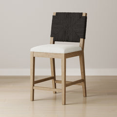 Boucle & Seagrass Boho Counter Height Bar Stool Black