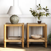 Coastal Wood & Seagrass 2-Tier Side Table Light Brown (Set of 2)
