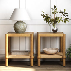 Coastal Wood & Seagrass 2-Tier Side Table Light Brown (Set of 2)