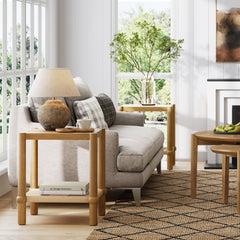 Coastal Wood & Seagrass 2-Tier Side Table Light Brown (Set of 2)