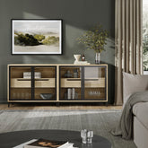 Kitchen Curio Glass Cabinet Credenza with Drawer Light Oak (Set of 2)