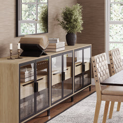 Kitchen Curio Glass Cabinet Credenza with Drawer Light Oak (Set of 3)
