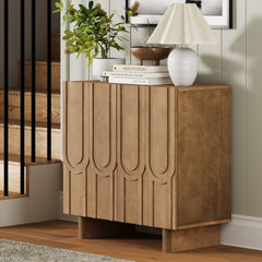 Mid Century Style Credenza with Geometric Carved Doors Light Brown