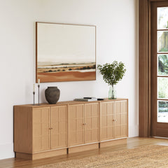 Boho Wood TV Console for TVs up to 75" with Rattan Doors Raw Oak