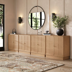 Modern Coastal Rattan Wood Sideboard Storage Cabinet Raw Oak (Set of 4)
