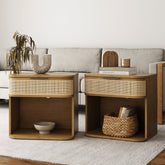 Curved Rattan Nightstand Set with Drawer Light Brown