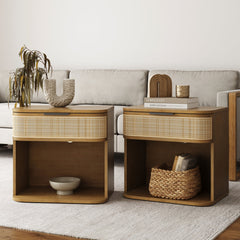 Curved Rattan Nightstand Set with Drawer Light Brown