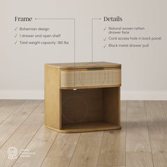 Curved Rattan Nightstand Set with Drawer Light Brown
