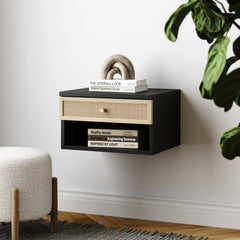 Rattan & Wood Floating Nightstand Light Oak