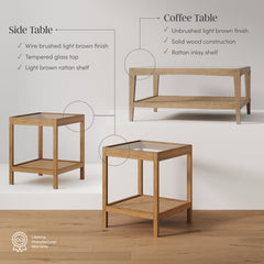 Glass 3-Piece Coffee Table Living Room Set with Rattan Shelf