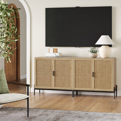 Boho Rattan TV Console for TVs up to 65" with Metal Legs Light Oak