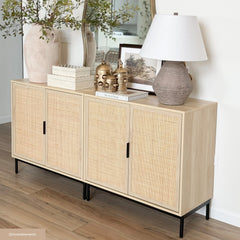 Large Rattan Credenza Console Table Light Oak (Set of 4)
