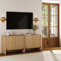 Rounded Wood Accent Cabinet or Kitchen Credenza Raw Oak (Set of 2)