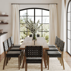 Extendable Woven Faux Leather Dining Set Black (8 Chairs)