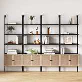 Rattan Ladder Wall Bookshelves with Doors Black (Set of 4)