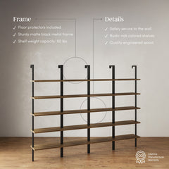 5-Shelf Ladder Bookshelf Oak Matte Black (Set of 4)