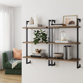 3-Shelf Ladder Bookshelf Oak Matte Black (Set of 2)