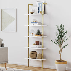 5-Shelf Ladder Bookshelf White Gold
