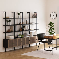 Rattan Ladder Wall Bookshelves with Doors Black (Set of 4)