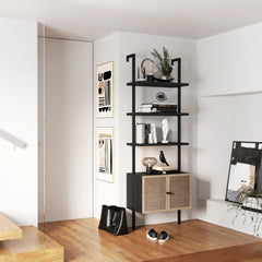 Rattan Ladder Storage Bookshelf with Doors Black