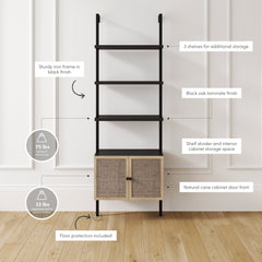 Rattan Ladder Storage Bookshelf with Doors Black