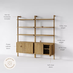 Mid-Century Fluted Wall Bookshelves with Doors Light Brown (Set of 2)