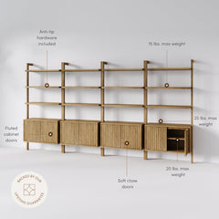 Mid-Century Fluted Wall Bookshelves with Doors Light Brown (Set of 4)