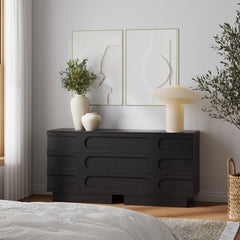 Mid-Century 3-Drawer Arched Dresser Black Oak