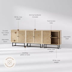 Metal and Rattan TV Stand Console for TVs up to 75" Light Oak