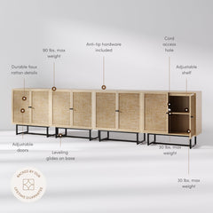 Metal and Rattan TV Stand Console for TVs up to 100" Light Oak