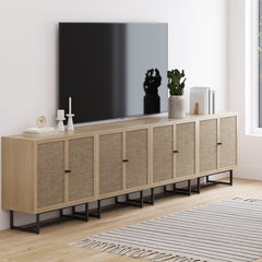 Metal and Rattan TV Stand Console for TVs up to 100" Light Oak