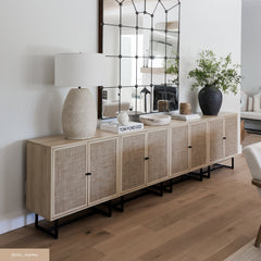 Metal and Rattan TV Stand Console for TVs up to 100" Light Oak