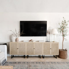 Large Rattan Credenza Console Table Oak (Set of 4)