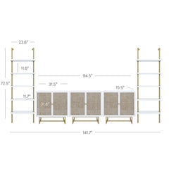 Modern Metal and Wood TV Entertainment Center with Bookcase (3 Cabinets)