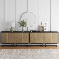 Metal and Rattan TV Stand Console for TVs up to 100" Black Oak