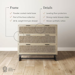 Rattan, Wood & Metal 3-Drawer Large Dresser Oak (Set of 3)