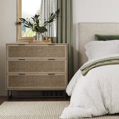 Rattan, Wood & Metal 3-Drawer Dresser Light Oak