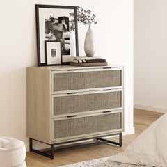 Rattan, Wood & Metal 3-Drawer Dresser Light Oak