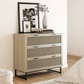 Rattan, Wood & Metal 3-Drawer Dresser Light Oak