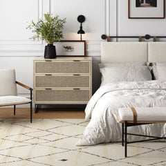 Rattan, Wood & Metal 3-Drawer Dresser Light Oak