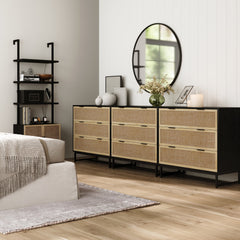 Rattan, Wood & Metal 3-Drawer Dressers Black (Set of 3)