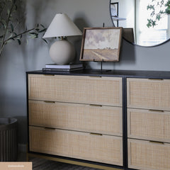 Rattan, Wood & Metal 3-Drawer Dresser Black