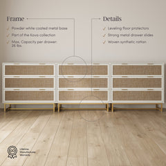 Rattan, Wood & Metal 3-Drawer Dressers White (Set of 3)