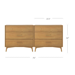 Mid-Century Modern Acacia 3 Drawer Dresser Set of 2