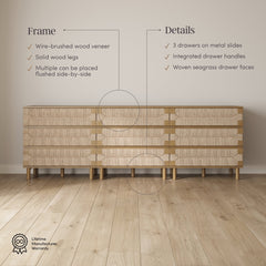 Boho Seagrass 3-Drawer Dresser Light Brown (Set of 3)